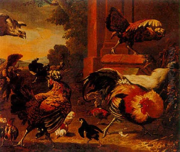 Pigeon, Chicks, Hens And Other Poultry In A Landscape Oil Painting by Melchior de Hondecoeter