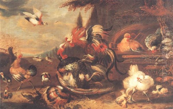 A Cock And Turkey Fighting In A Farmyard With Other Poultry Oil Painting by Melchior de Hondecoeter