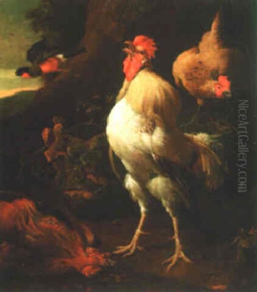 Landscape With A Cockerel And A Hen Oil Painting by Melchior de Hondecoeter