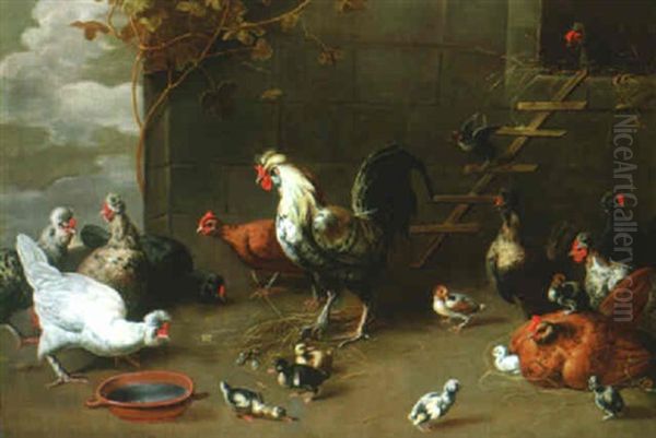 A Farmyard Scene With Guineafowl And Their Young Feeding Oil Painting by Melchior de Hondecoeter