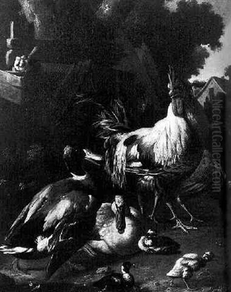 A Cockerell, Ducks And Duckings In A Farmyard Oil Painting by Melchior de Hondecoeter