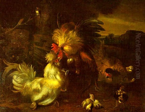 Coq, Poules Et Poussins Oil Painting by Melchior de Hondecoeter