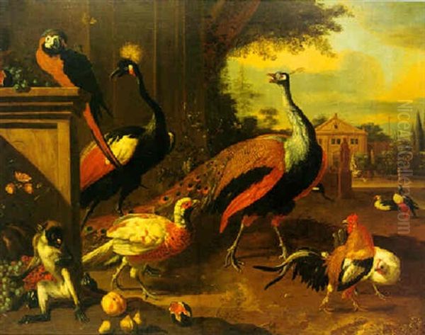 A Peacock And Peahen With A Monkey And Other Birds In A Park Oil Painting by Melchior de Hondecoeter