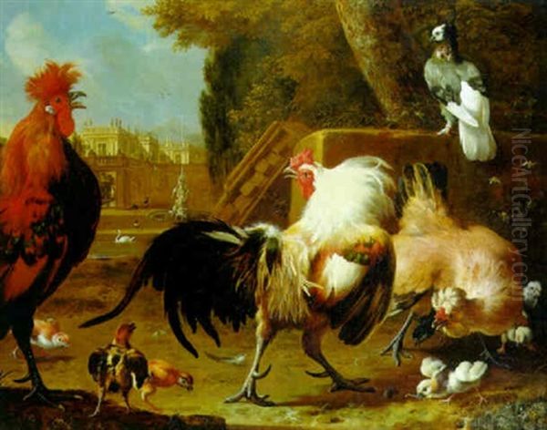 Cockerels Fighting Over A Hen And Chicks In A Garden Oil Painting by Melchior de Hondecoeter