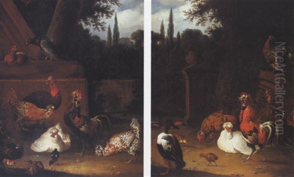 Farmyard Fowl In A Garden Setting Oil Painting by Melchior de Hondecoeter