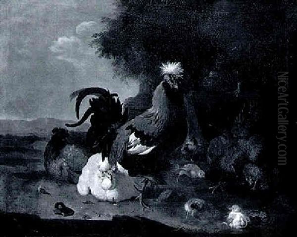 A Cockerel, Hen And Chicks In A Landscape Oil Painting by Melchior de Hondecoeter