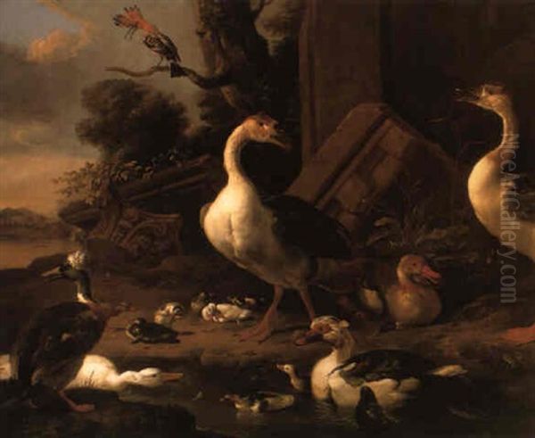 Chinese And Egyptian Geese, A Muscovy Duck And A Hoopoe In A Landscape Oil Painting by Melchior de Hondecoeter