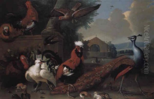 Cockerels, Hens And Chicks, A Peacock And Other Birds In A Landscape Oil Painting by Melchior de Hondecoeter