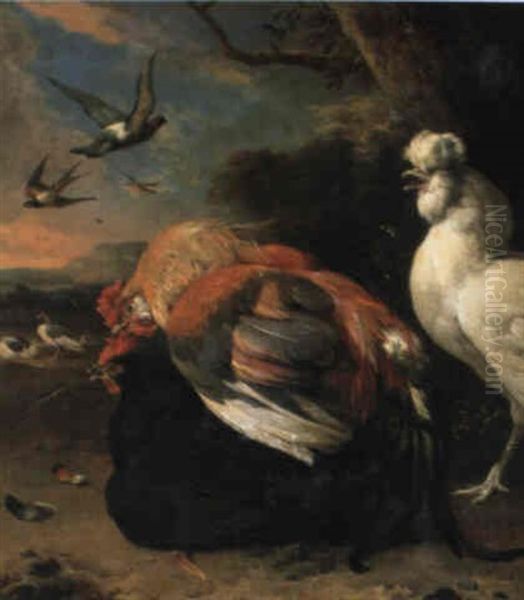 Hahn Mit Hennen Und Fliegenden Vogeln Oil Painting by Melchior de Hondecoeter