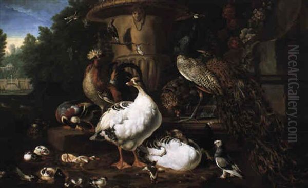 A Peacock And Other Exotic Birds In Elaborate Parkland Setting Oil Painting by Melchior de Hondecoeter