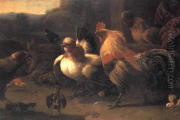 Aves De Corral Ante Un Fondo De Paisaje Oil Painting by Melchior de Hondecoeter