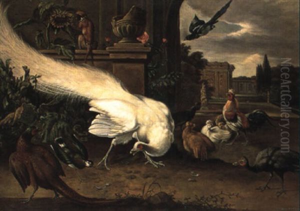 Various Birds And A Monkey In A Garden Setting Oil Painting by Melchior de Hondecoeter