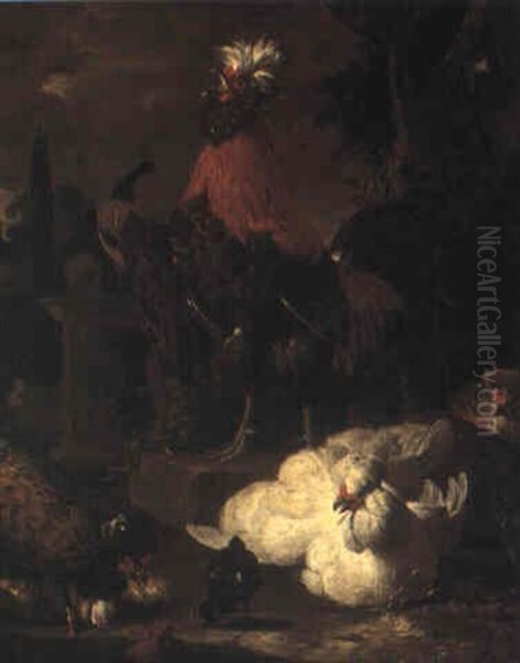 Fowl In A Garden Oil Painting by Melchior de Hondecoeter