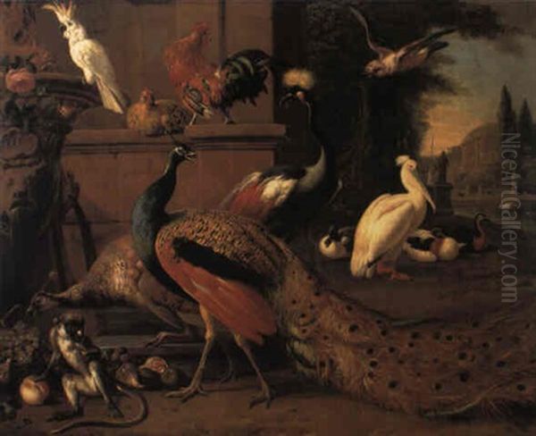 Scene Of Exotic Fowl Oil Painting by Melchior de Hondecoeter