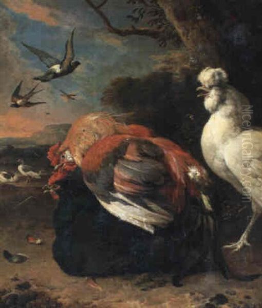 Hahn Mit Hennen Und Fliegenden Vogeln Oil Painting by Melchior de Hondecoeter