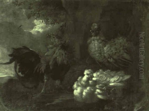 Rooster And Hens Oil Painting by Melchior de Hondecoeter