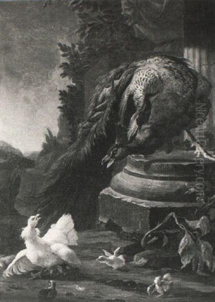 A Peacock And Other Wildfowl At The Base Of A Column Oil Painting by Melchior de Hondecoeter