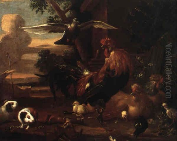 Rooster, Guinea Pigs And Wild Fowl In A Landscape Oil Painting by Melchior de Hondecoeter