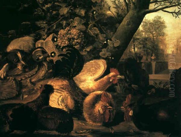 A Spaniel Startling Chickens And Cockerels In A Formal      Garden Oil Painting by Melchior de Hondecoeter