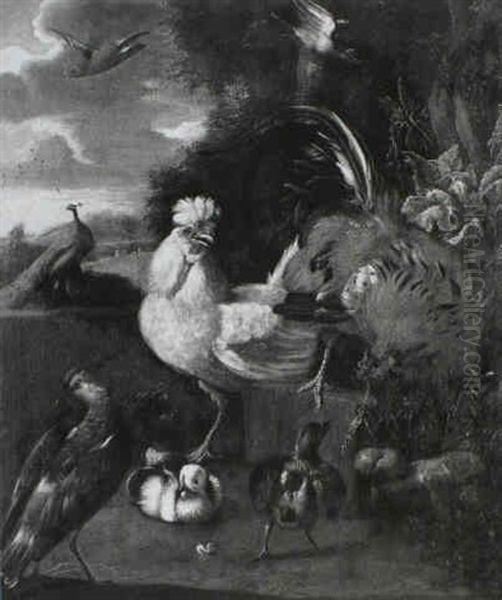 A Peacock With Poultry And Other Birds In A Landscape Oil Painting by Melchior de Hondecoeter