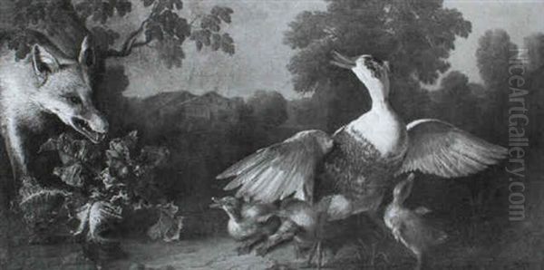 A Fox Surprising Ducks On A Pond Oil Painting by Melchior de Hondecoeter