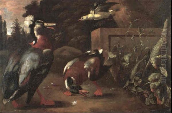 A Drake And A Duck Beside A Stone Plinth, A Golden Oriel    Flying Overhead And A Landscape Beyond Oil Painting by Melchior de Hondecoeter