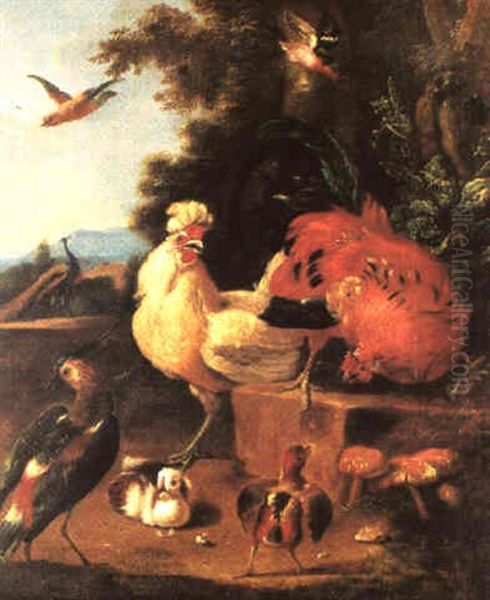 Coqs Et Oiseaux Oil Painting by Melchior de Hondecoeter