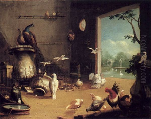 Chickens With Turkeys, A Peacock, A Peahen And Other Birds  In A Barn, A View To A Park Beyond Oil Painting by Melchior de Hondecoeter