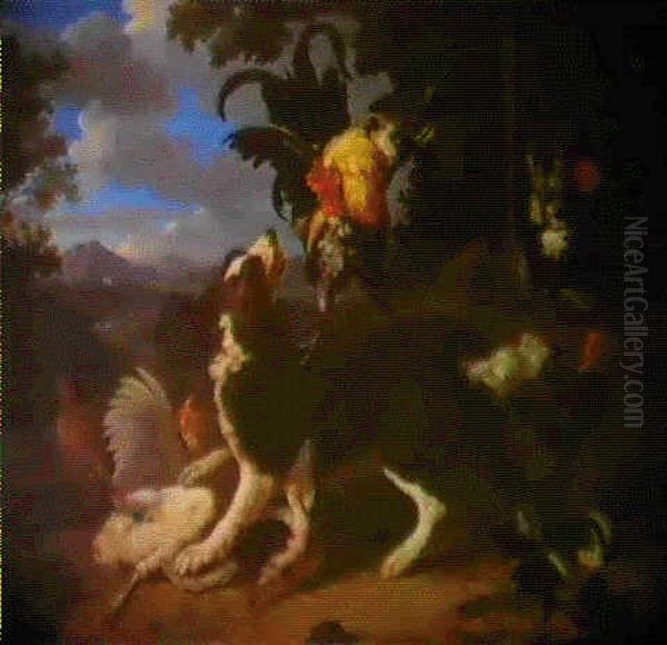 Animale Da Cortile E Cane Su Sfondo Di Paesaggio Oil Painting by Melchior de Hondecoeter