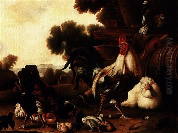 Farmyard Poultry Oil Painting by Melchior de Hondecoeter