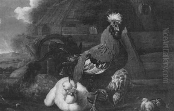 Fowl In A Farmyard Oil Painting by Melchior de Hondecoeter