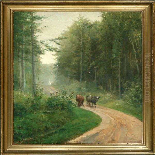 Grazing Cows On A Spring Forest Path Oil Painting by Brita Barnekow