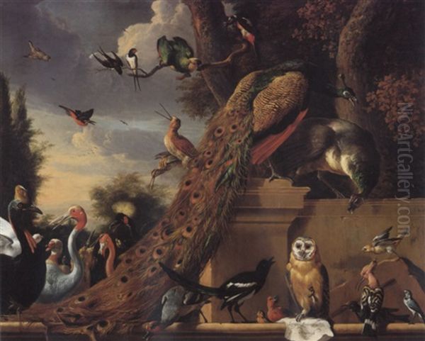 An Assembly Of Birds In A Park Setting An Owl Holding A     Scroll Inscribed Langh Leeft Den Koningh (long Live The King Oil Painting by Melchior de Hondecoeter