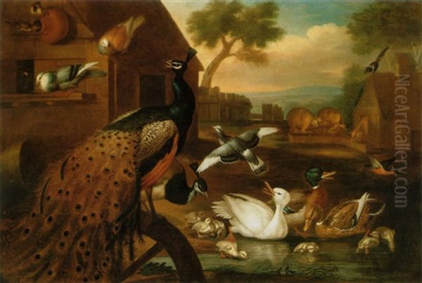 Peacocks Pigeon And Duck In An Ornamental Garden Landscape Oil Painting by Melchior de Hondecoeter