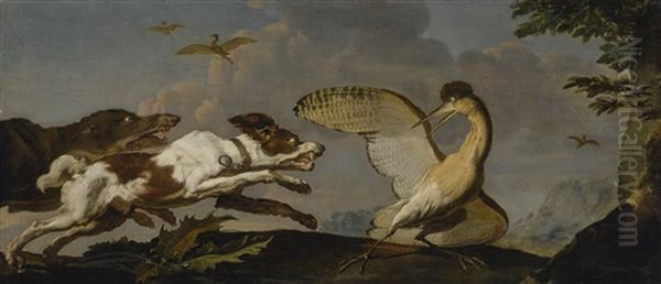 Two Hounds Chasing A Wounded Bittern Oil Painting by Abraham Danielsz Hondius