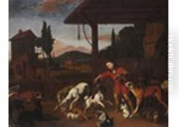 A Boy Feeding Numerous Dogs By A Barn, A Woman And A Child Beyond Oil Painting by Abraham Danielsz Hondius