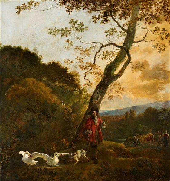 Hunter With A Dog Attacking Two Swans Oil Painting by Abraham Danielsz Hondius