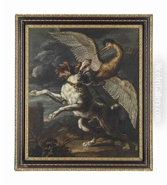 A Dog Attacking A Heron Oil Painting by Abraham Danielsz Hondius