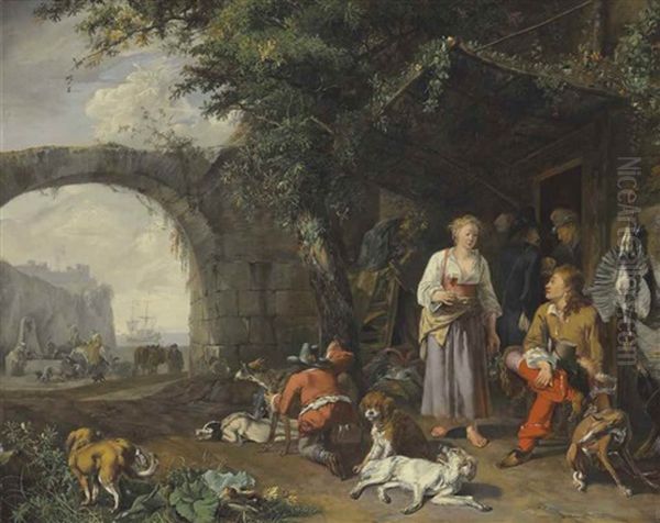 A Sportsman Offered Refreshment Outside An Inn While His Dogs Rest After A Hunt Oil Painting by Abraham Danielsz Hondius