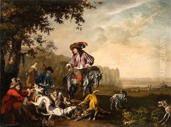 An Italianate Landscape With An Elegant Hunting Party Oil Painting by Abraham Danielsz Hondius