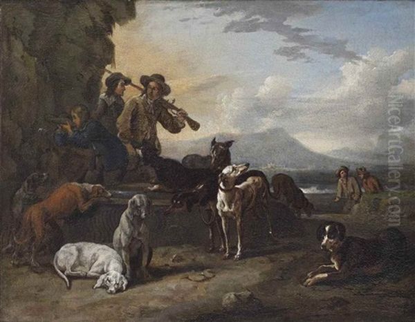 A Hunting Party With Dogs Resting By A Well In A Landscape Oil Painting by Abraham Danielsz Hondius