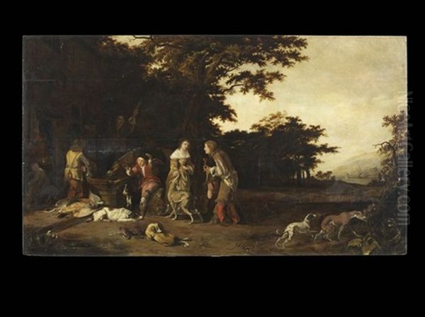 Hunting Party, Resting At An Inn Oil Painting by Abraham Danielsz Hondius