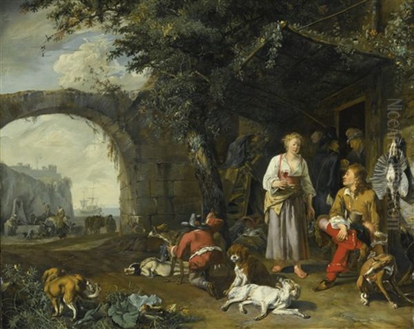 Sportsman Offered Refreshment Outside An Inn While His Dogs Rest After The Hunt Oil Painting by Abraham Danielsz Hondius