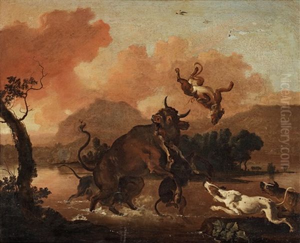 Dogs Attacking A Bull Oil Painting by Abraham Danielsz Hondius