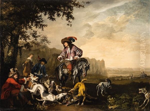 An Italianate Landscape With An Elegant Hunting Party Oil Painting by Abraham Danielsz Hondius