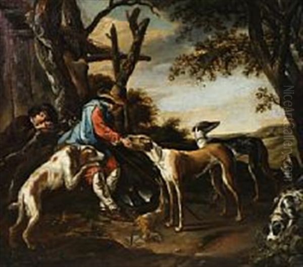 Hunters Resting With Their Dogs Oil Painting by Abraham Danielsz Hondius