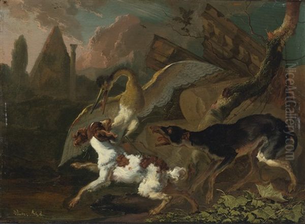 A Bird And Dog Fighting Oil Painting by Abraham Danielsz Hondius