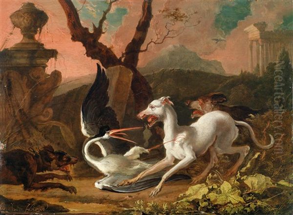 Landschaft Mit Hunden, Die Einen Storch Angreifen Oil Painting by Abraham Danielsz Hondius