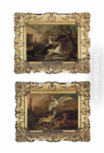 Hounds Attacking A Heron In An Italianate Landscape With Classical Ruins And Hounds Chasing A Goose In An Italianate Landscape... (2 Works) Oil Painting by Abraham Danielsz Hondius