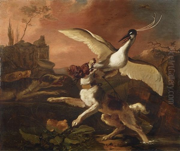 Hunting Scene With Landseer And Heron Oil Painting by Abraham Danielsz Hondius